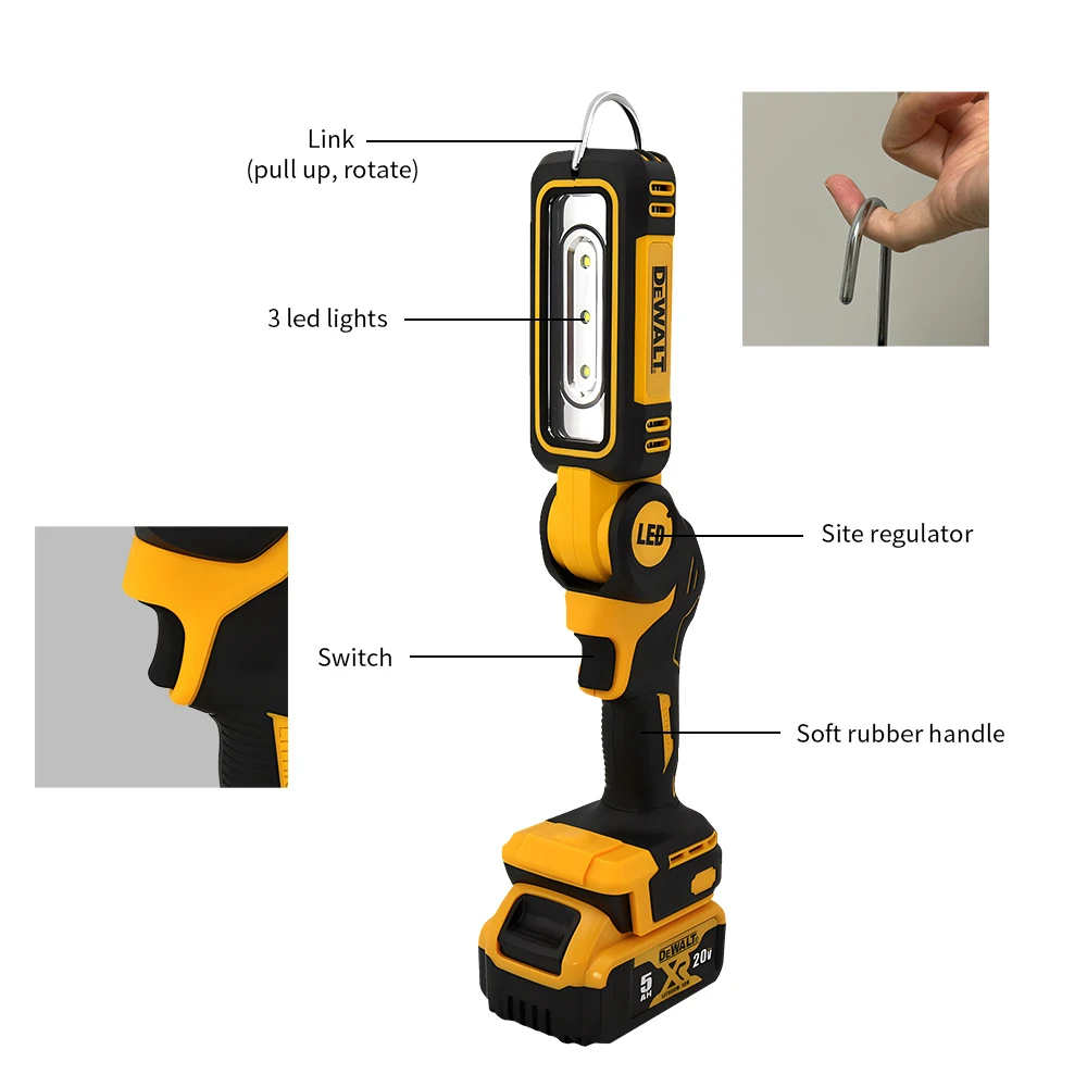 Dewalt 20v lithium battery rechargeable 90° foldable work light for indoor and outdoor 3 LED lightstwo speed control power tools