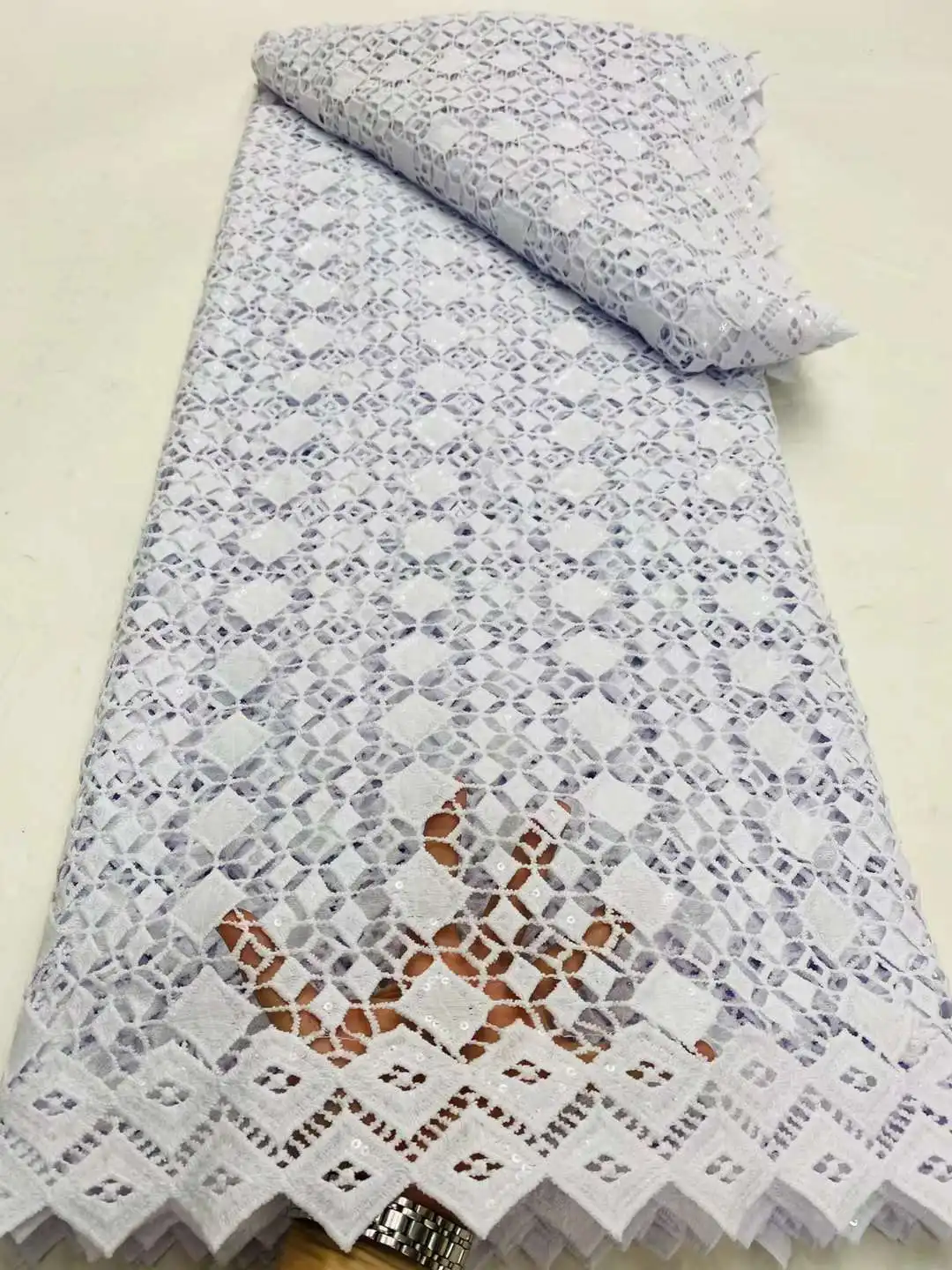 Tissu Africain en Dentelle Guipure Blanche avec Paillettes, Haute Qualité, NigWin, pour Robe de Soirée de Mariage, à Faire Soi-Même, 2024