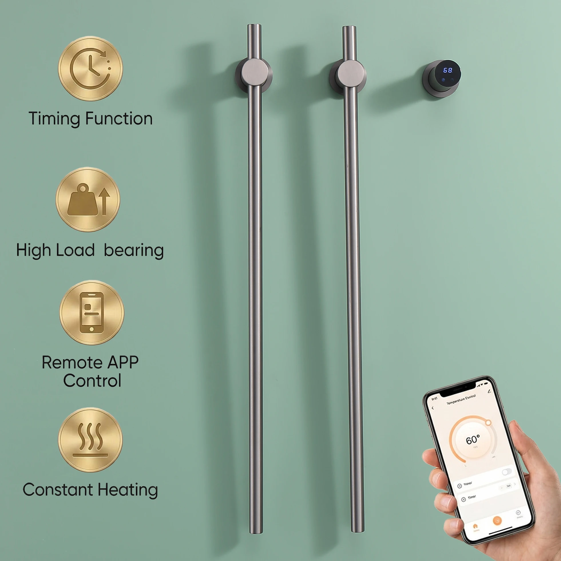 

Серый вертикальный полотенцесушитель для больших полотенец и халатов, с скрытой проводкой, с регулировкой температуры и таймером