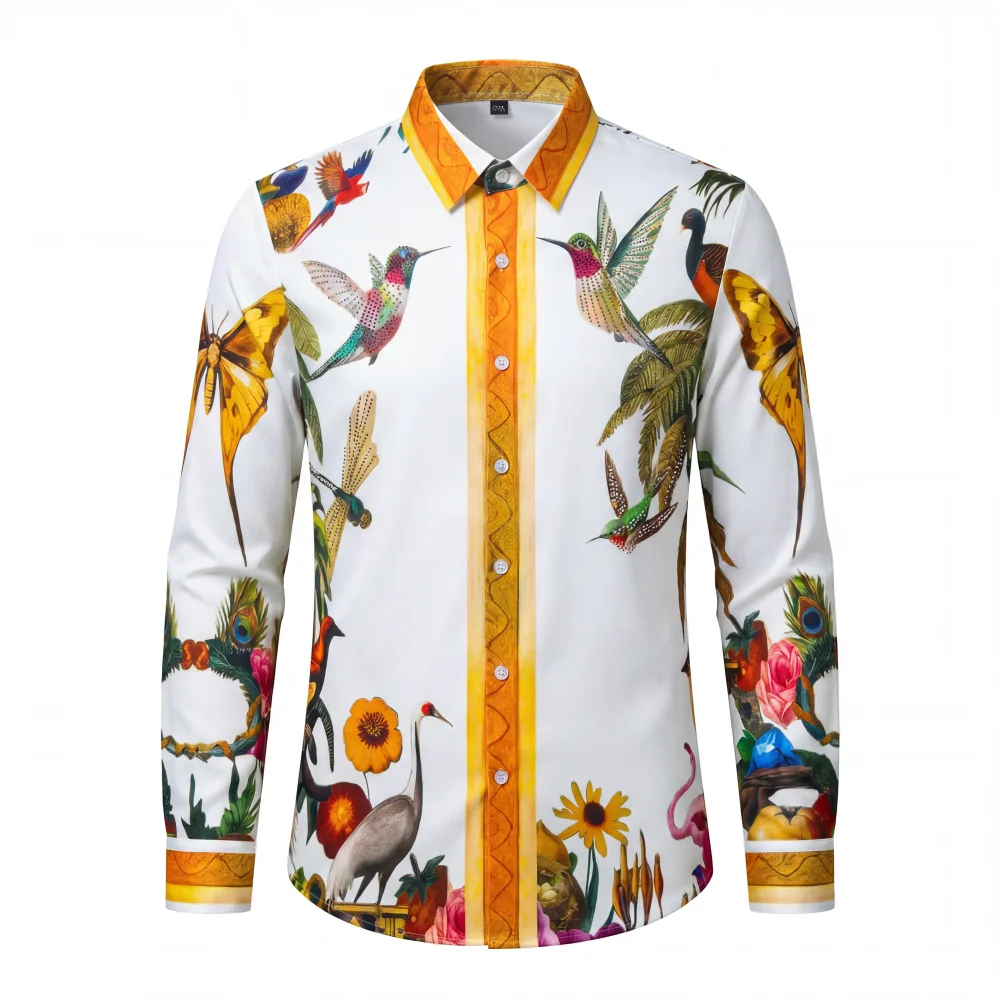 Brand Luxury Long Sleeved Shirt for Men Floral Rhinestone Casual Business Dress Shirts Party Banquet Social Men's Clothing M-5XL