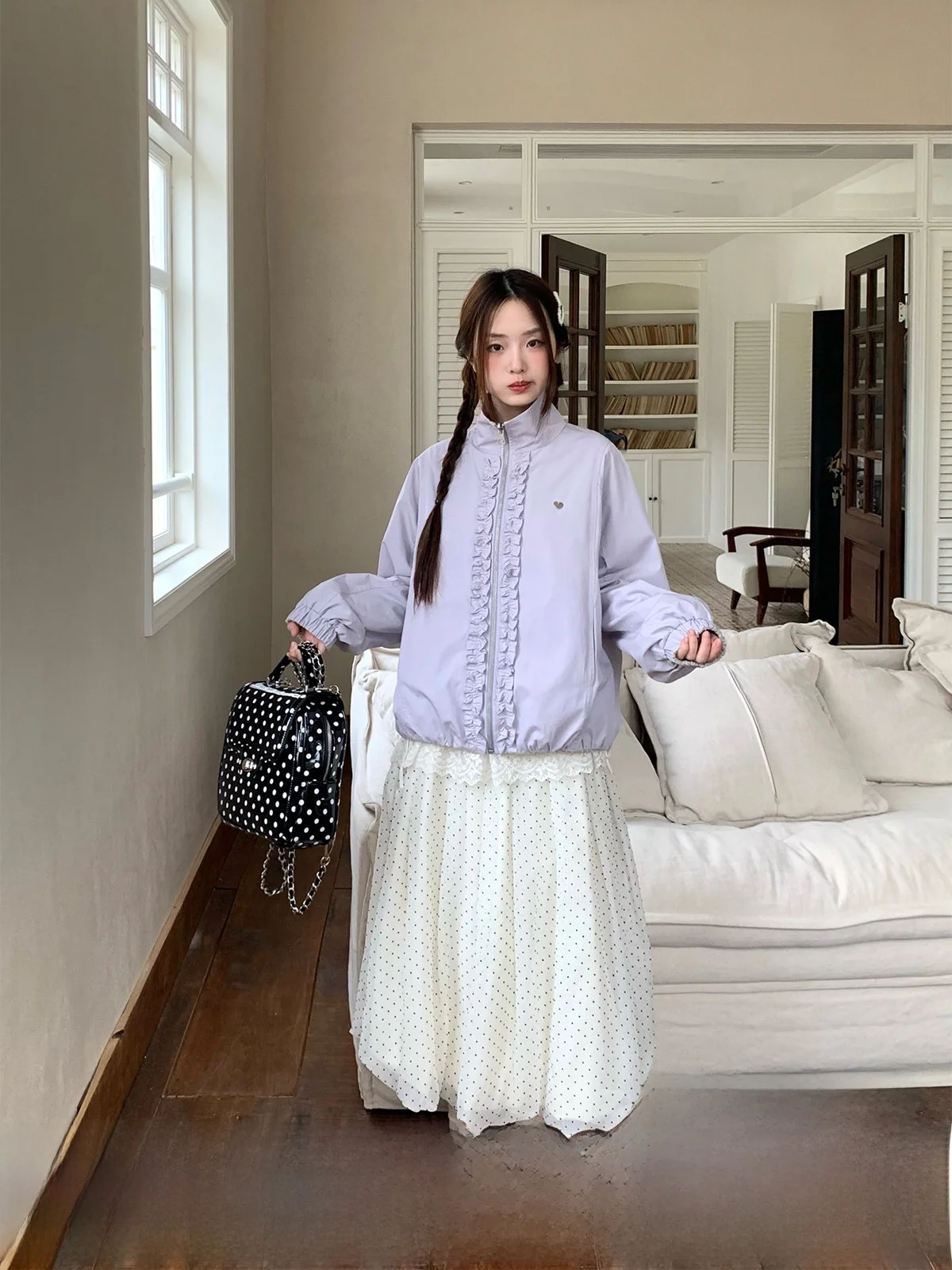 

Женская демисезонная куртка-ветровка с высоким воротником, двусторонняя, из хлопка, приталенного кроя, с длинными рукавами