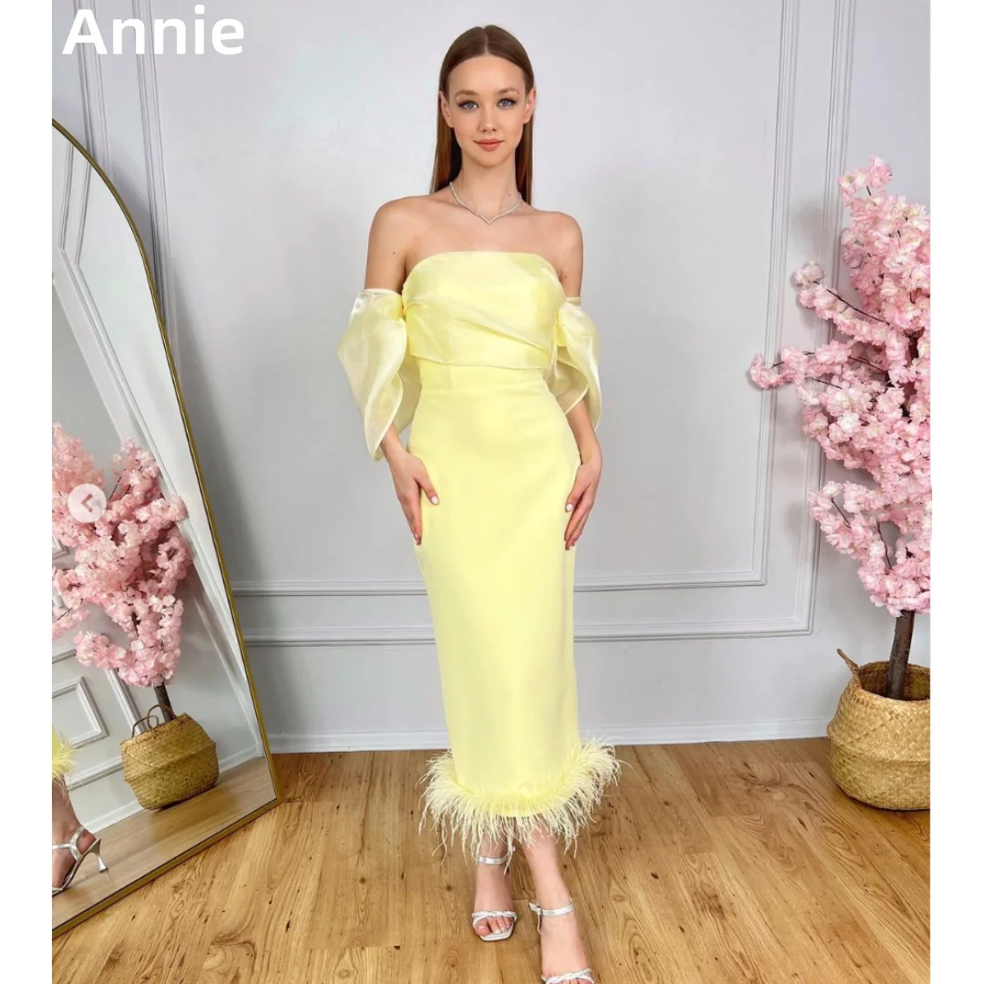 Annie Elegant Ladies Yellow Prom Dresses Organza Feathers Evening Dresses Wedding Formal Occasions Party Dresses Robes De Soirée