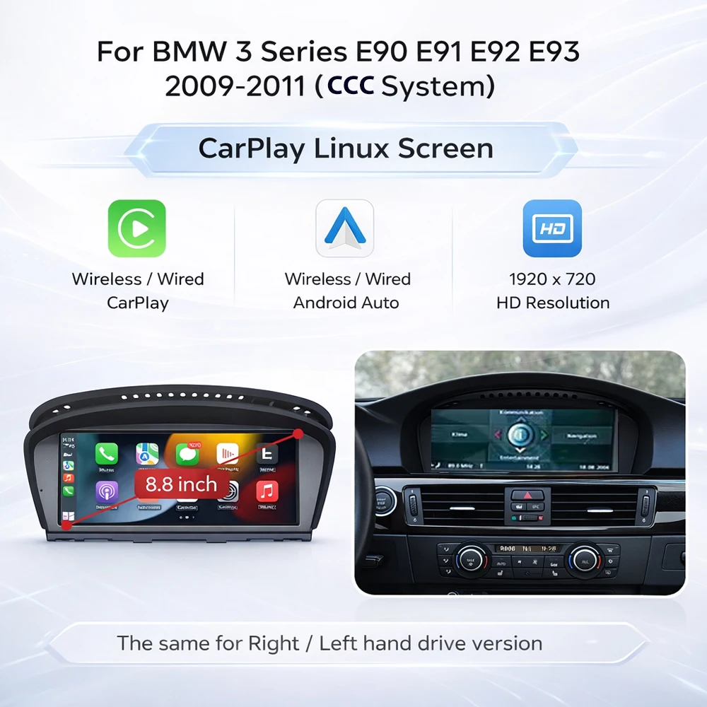 8,8 inch draadloos CarPlay Android Auto Linux scherm voor BMW E60 E61 E90 E91 E92 E93 CCC CIC, AirPlay, camera ondersteuning