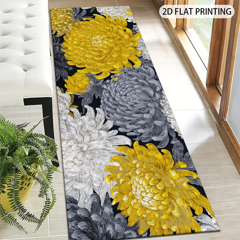 Elegant Black Background Chrysanthemum Line Art Runner Rug, Non-Slip Mat for Hallway Bedroom Bathroom Daily Luxury Holiday Decor
