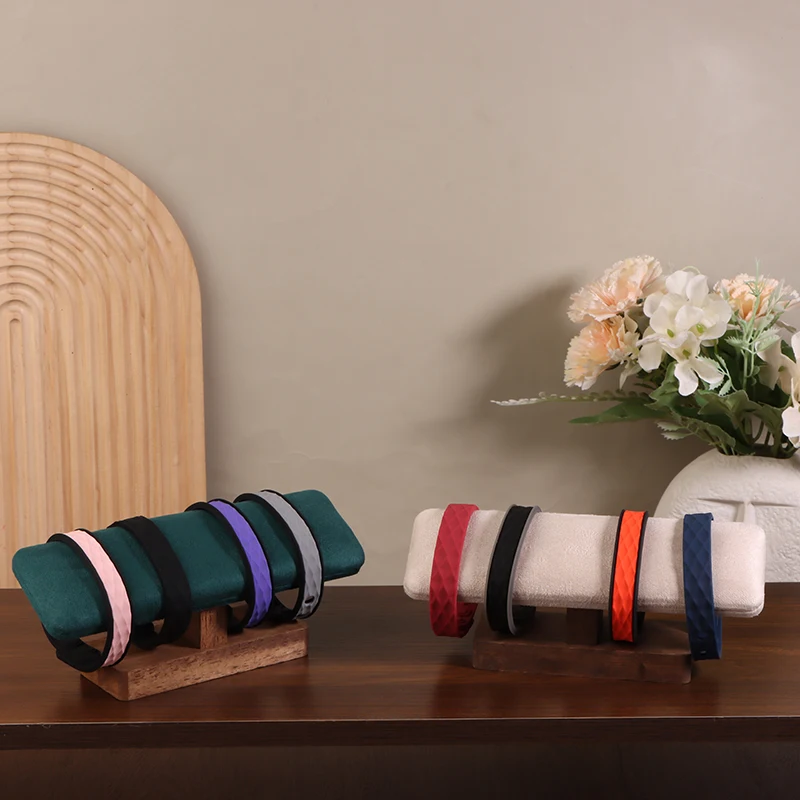 1Pc Wooden Base T-Shaped PU Leather / Velvet Jewelry Display Rack Bangle Watch Hairband Bracelet Storage Organizer