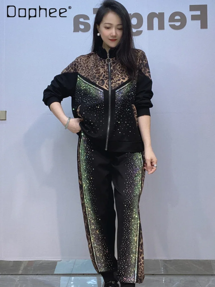 

Casual Sports Suit Female Fashion Leopard Print Splicing Long-sleeved Stand-Up Collar Zip Jacket and Pants Two-piece Sets Women