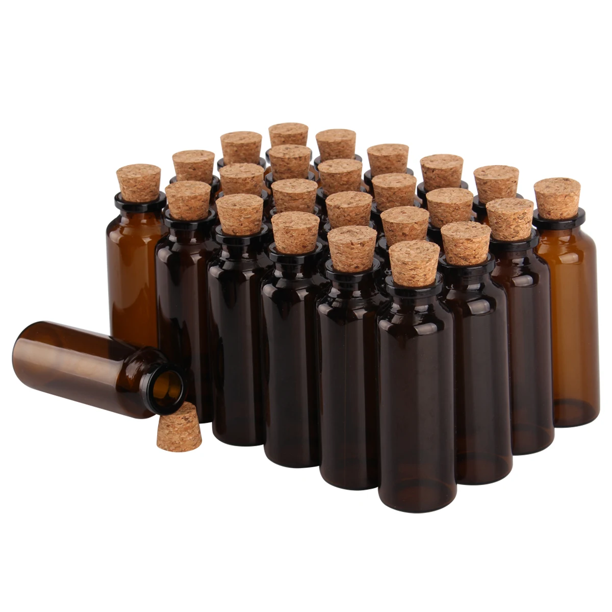 24pcs/lot 5ml 7ml 10ml 15ml 20ml 30ml Amber Glass Bottles With Cork Stopper Empty Message Jars Vials For Art DIY Crafts