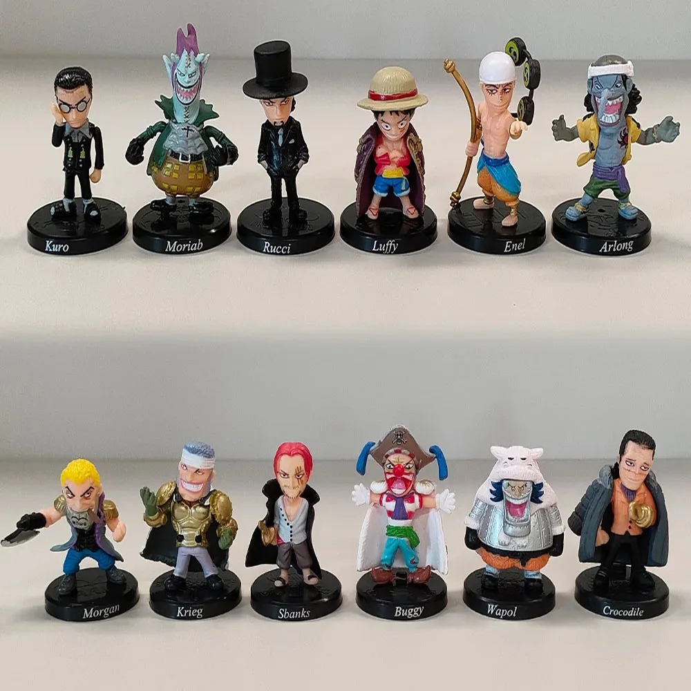 Figuras de Anime de una pieza para niños, Luffy, Shanks, Moria, Cocodrilo, Enel, Arlong, Buggy, modelo de PVC, accesorios de juguete, 12 unidades por lote