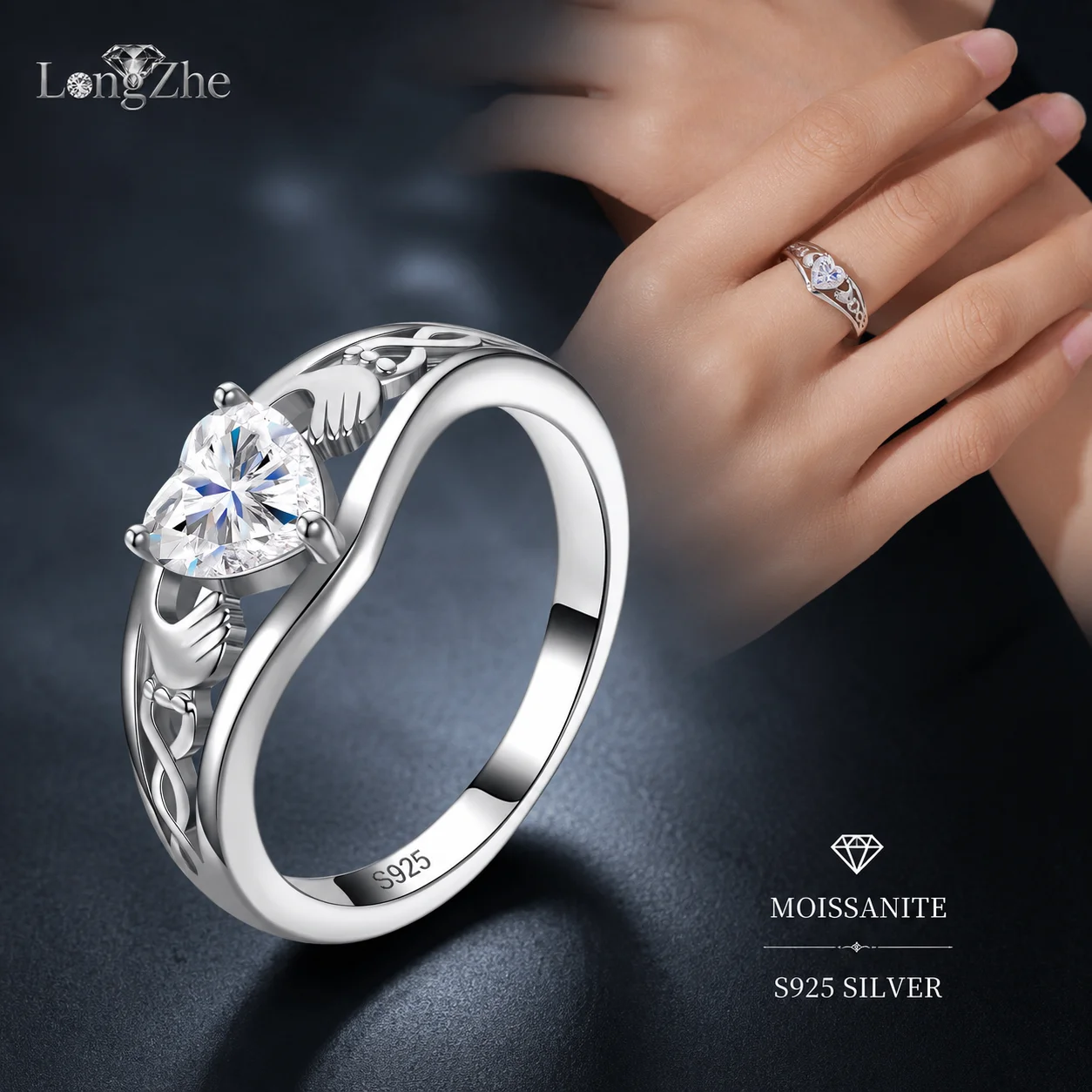LongZhe S925 Sterling Silver Moissanite Ring Heart Shape 6x6mm Openwork Band Silver 925 Rings Sweet Daily Jewelry Gift for Her