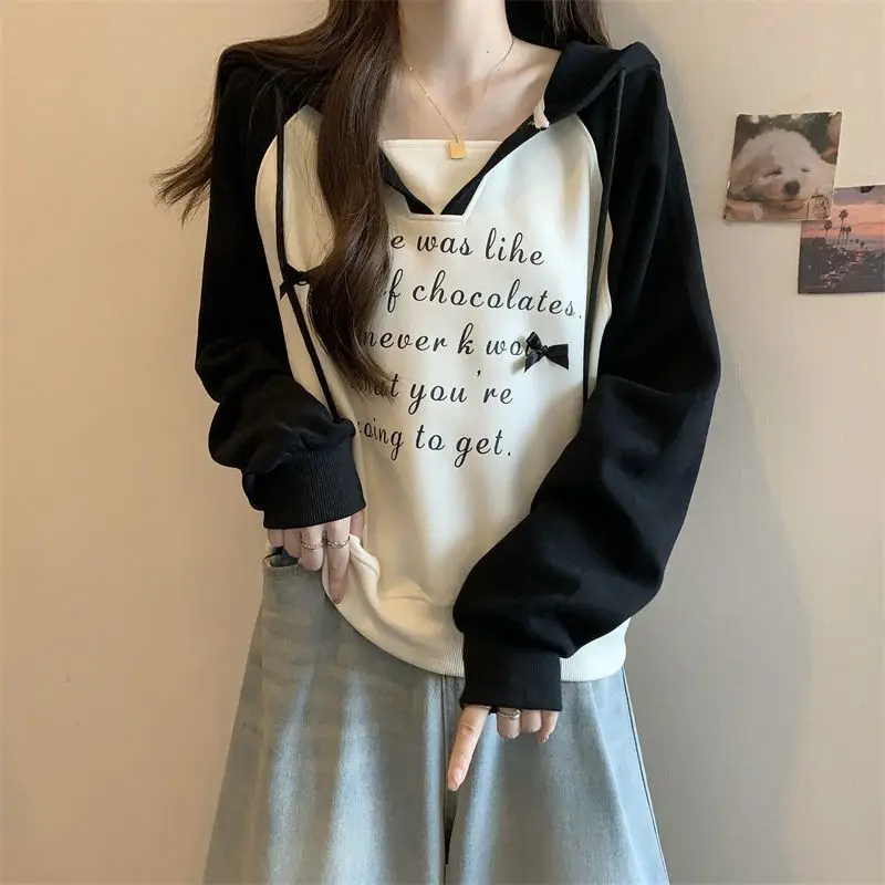 Femme Spring Summer Korean Fashion Simplicity Printing Color Blocking Hoodies Women Clothes All-match Young Style Long Sleeve To