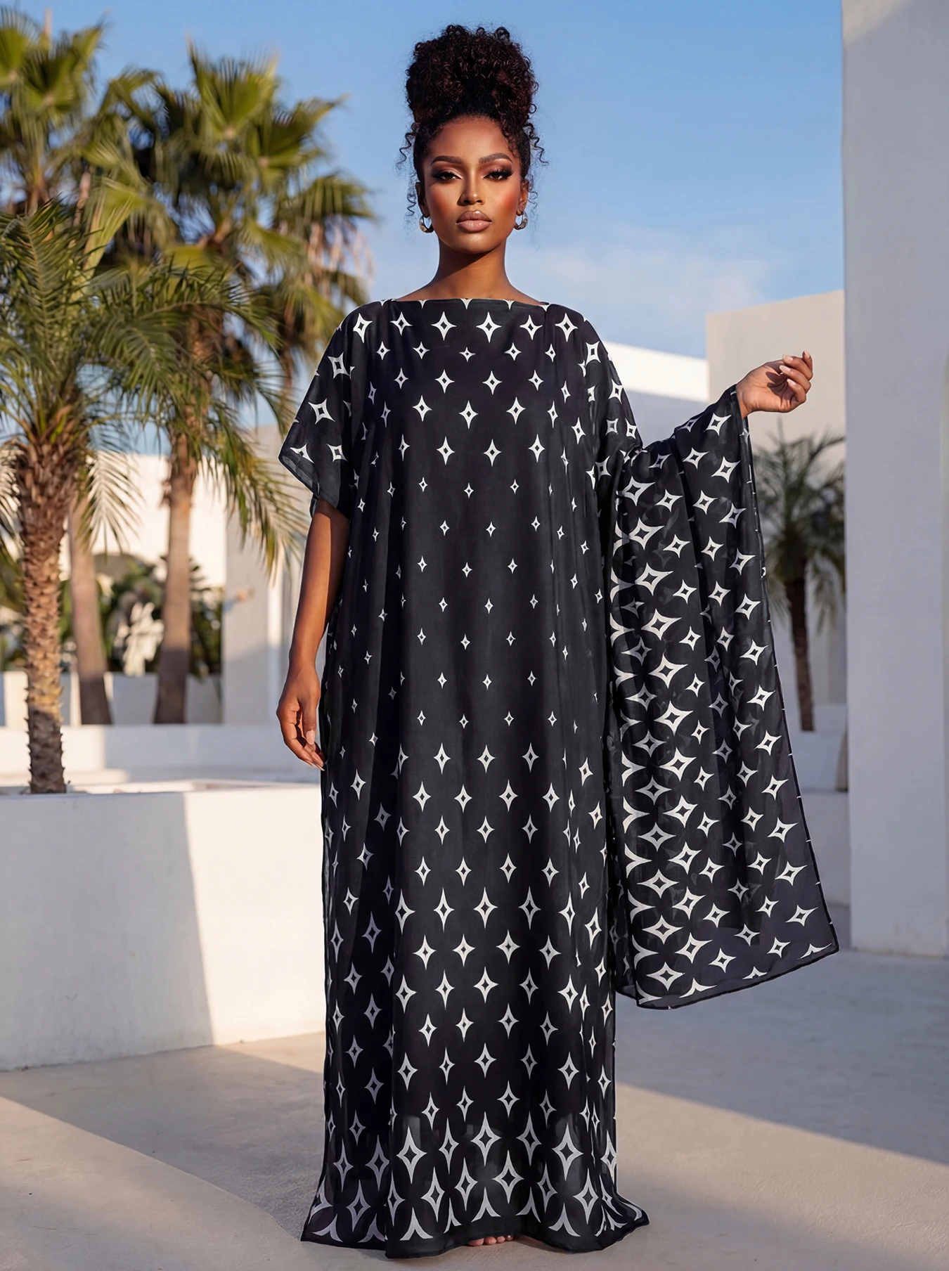 New Style Long Loose Silk Blend Beach Cover up Dress Middle East Pattern Printed Elegant Long Robe Dress for Women - view 3