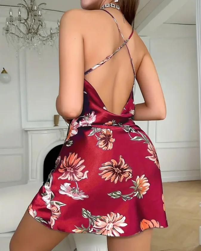 Women's fashionable printed round neck slim shoulder strap doll sexy backless satin evening dress 2025 summer new item