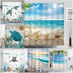 Tenda da doccia oceanica, spiaggia tropicale Palm Island Sea Turtle Cat Sailing Flamingos coral shell, set di tende da doccia con decorazioni per il bagno