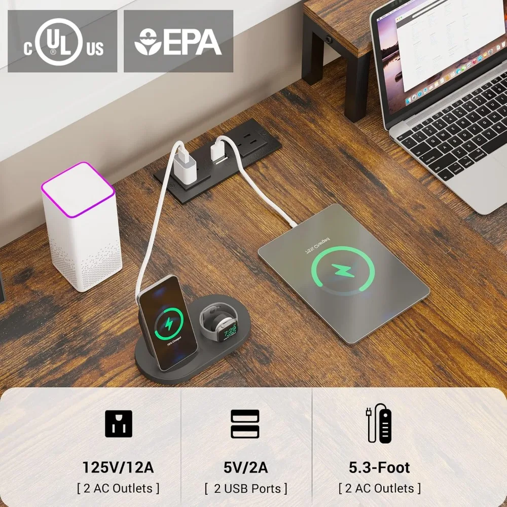 Home Office Desks, Computer Gaming Desk with Storage, LED Lights, Power Strip with USB, Keyboard Tray & Monitor Stand