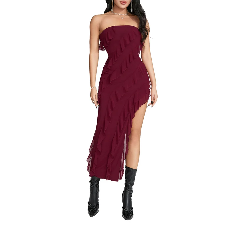 

Summer Elegant Party Wrapped Hip Long Vestidos Women Off Shoulder Backless Strapless Ruffled Bodycon Dress Sexy Club Streetwear