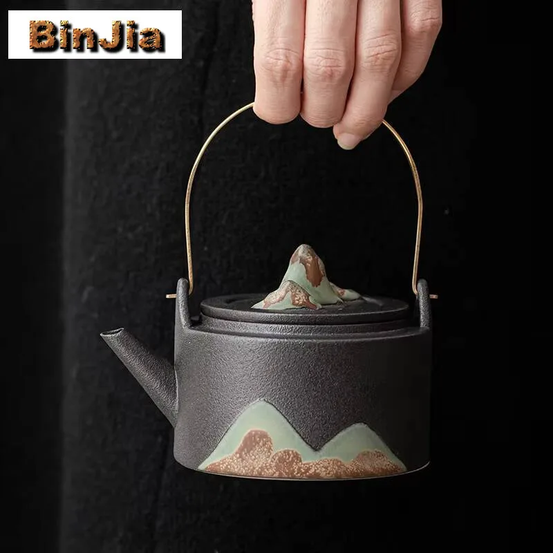 

200ml Japanese Glazed Painting Mountain Lifting Beam Teapot Pot Tea Making Kettle White Kungfu Items Collection Tea Ceremony
