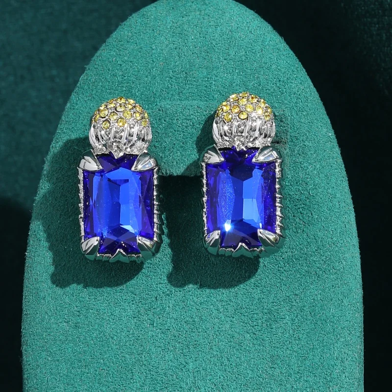 

Vintage Jewelry Square Blue Crystal Earrings Yellow Rhinestone Ball For Woman Wedding Party Bridal Luxury Brand Accessories
