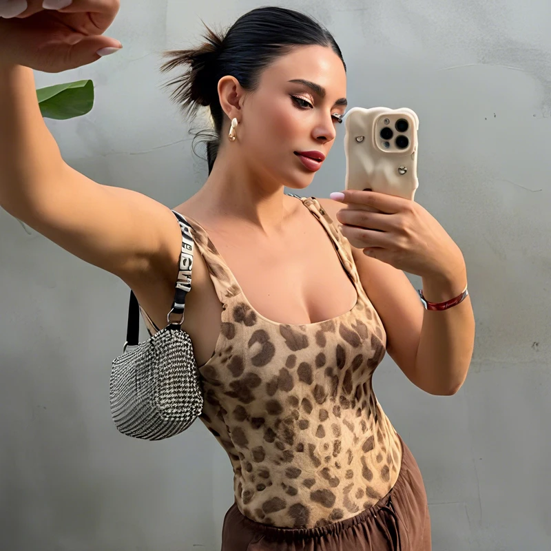 HXAO léopard Slip body femmes été 2025 Sexy Corset minceur body pour femmes string hauts sans manche imprimer dos nu body