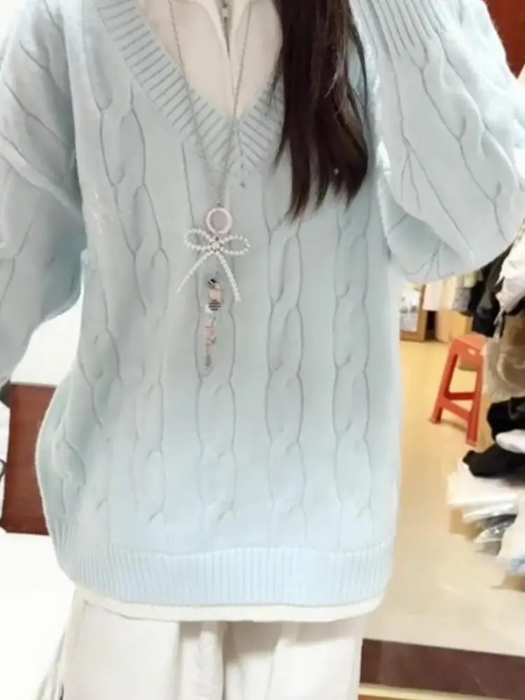 Pull tricoté bleu pour femme, ample, paresseux, col torsadé, vêtement d'extérieur, automne-hiver