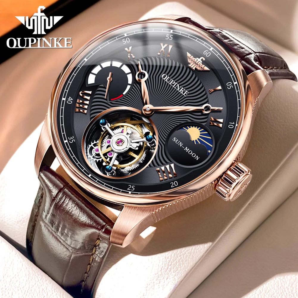 

OUPINKE 8001 Tourbillon Mechanical Watch For Men Moon Phase Top Brand Luxury Men's Watches 50M Waterproof Automatic Wristwatch