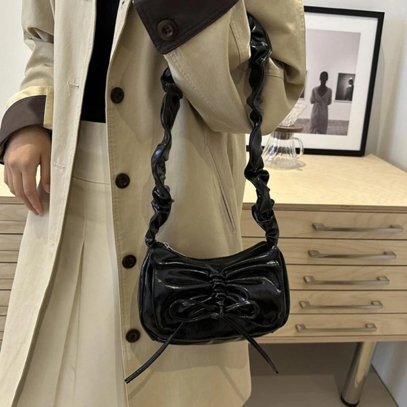 

G5AE Fashion Pleated Shoulder Handbag with Bowknot Aesthetic PU Leather Underarm Bag Purse for Women