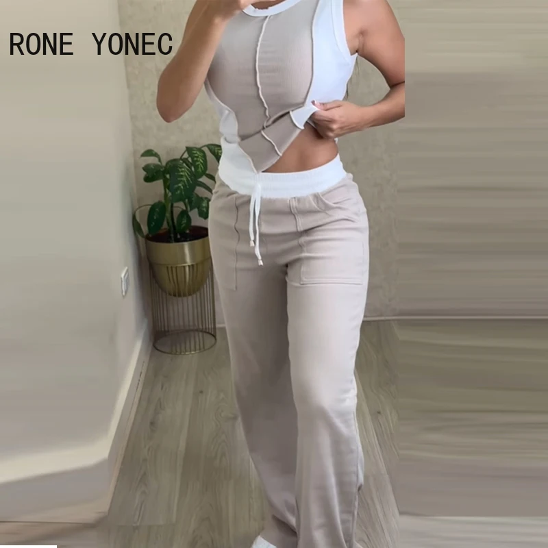 2024 Women Patchwork Tank Round Neck Right Line Decoration Elastic Waist Straight Leg Pants Sets