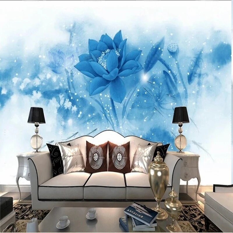 Chinese-style Cutsom Original innovative blue ink-wash lotus mural for TV bedroom and home decoration background wall