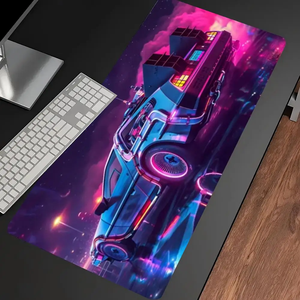 Futuristic Neon Time Travel Car Print Large Gaming Mousepad Non-slip Rubber Base Stitched Edge Office Workstation Essential