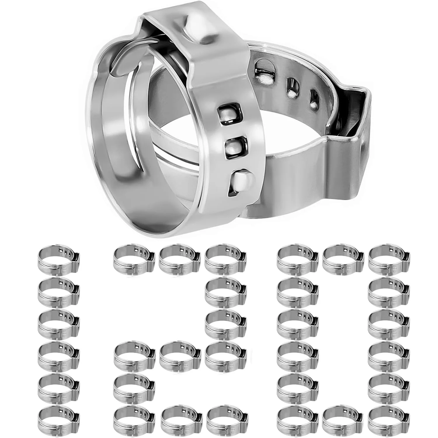 120PCS Single Ear Hose Clamps 5.3-36.1mm Pinch Crimp Clamps Stepless Ear Clamp Stainless Steel 304 Automotive Ear Pipe Clamps