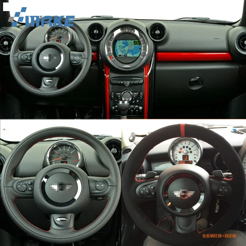 For Mini Hand-stitched Anti-Slip Black Suede Leather Red Thread DIY Steering Wheel Cover