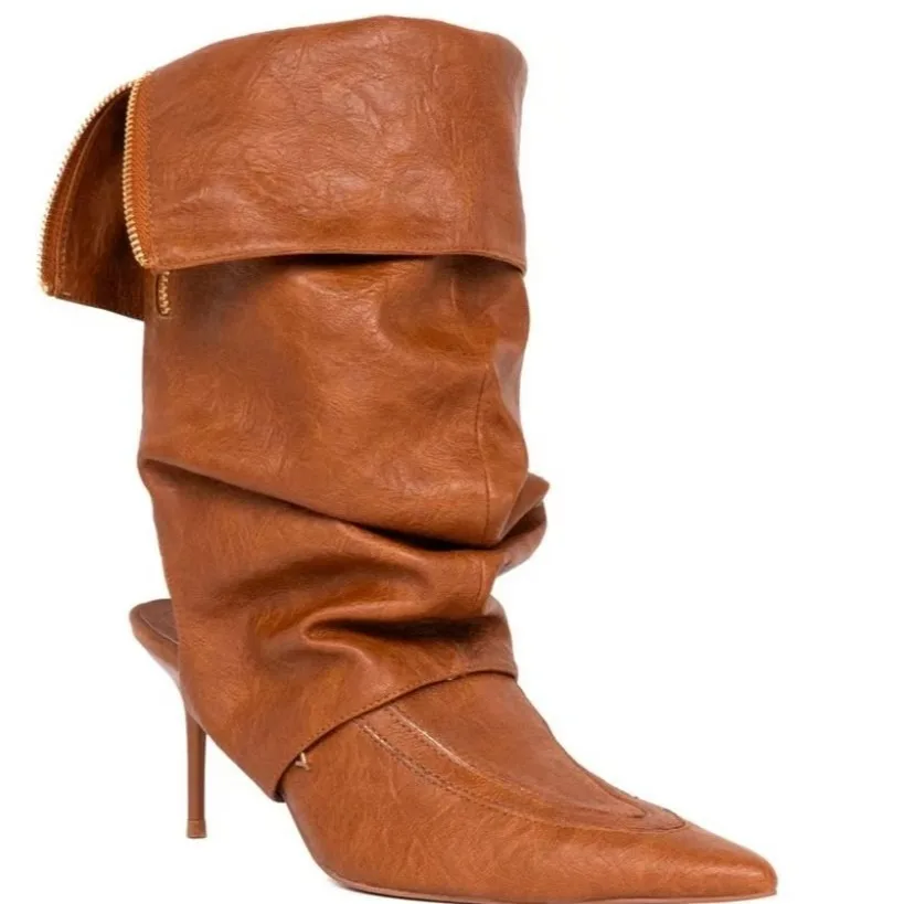 Women's 2026 Beige Pointed Toe Block Heel Pumps Strap Buckle  Knee High Boots Elegant Daily Street Party Lady Autumn Winter Shoe
