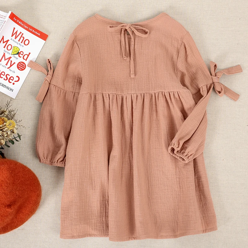 100% Cotton Gauze Muslin Autumn Dresses Baby Girls 2024 New Solid Color Long-Sleeved Round Neck Loose Casual A-Line Dresses