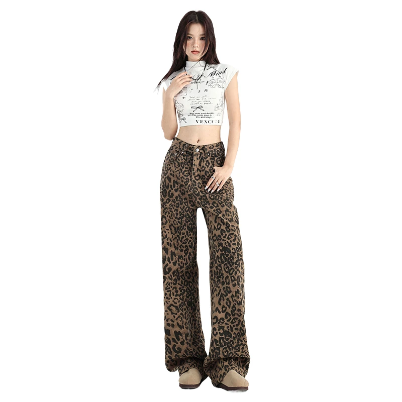 Retro Leopard Jeans Female Internet celebrities Sexy high waist drape loose straight wide leg floor pants