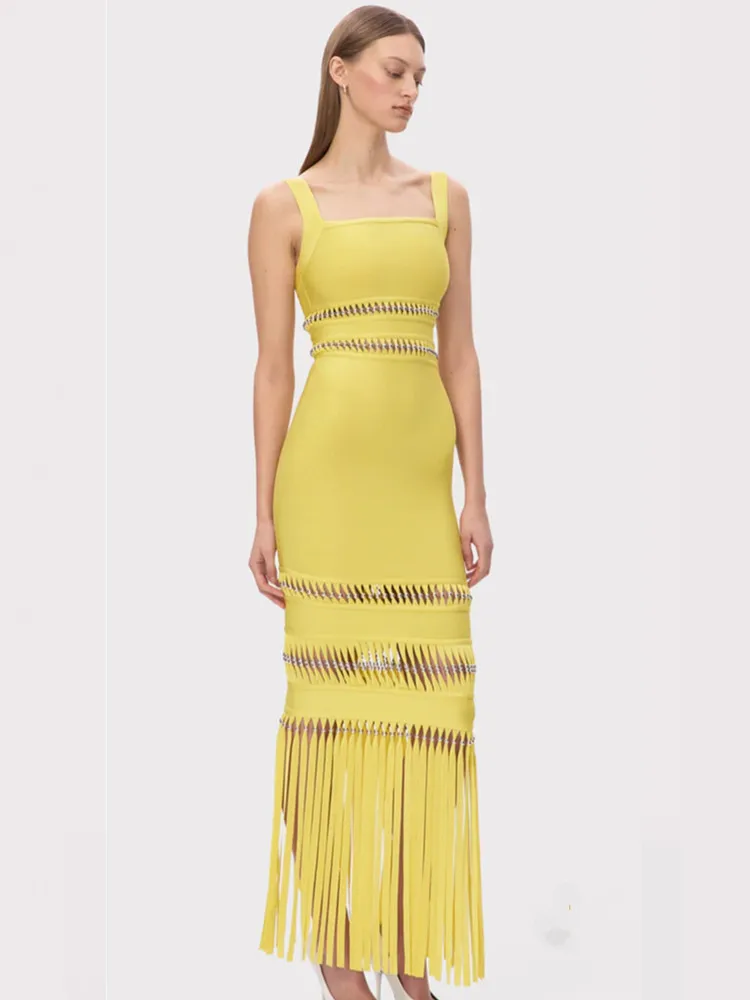 فستان نسائي مثير بياقة مربعة أصفر وأسود طويل ماكسي بأشرطة ضيقة 2025 فستان أنيق للحفلات المسائية والنوادي #2