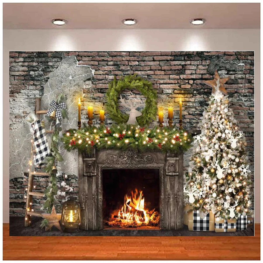 Photography Backdrops Christmas Fireplace For Retro Brick Wall Christmas Tree Ladder Decor Kids Family Photo Background Banner