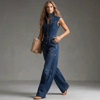 Yeezzi Women's Sleeveless Denim Jumpsuits 2026 New Fashion Contrast Stitching High Waist Wide Leg Buttons Pockets Cargo Jumpsuit - Image 4