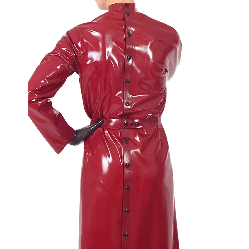 Red Sexy Latex Coat With Belt And Buttons At Back Rubber Nightgown Nightdress Jacket Robe Calf Length YF-0411