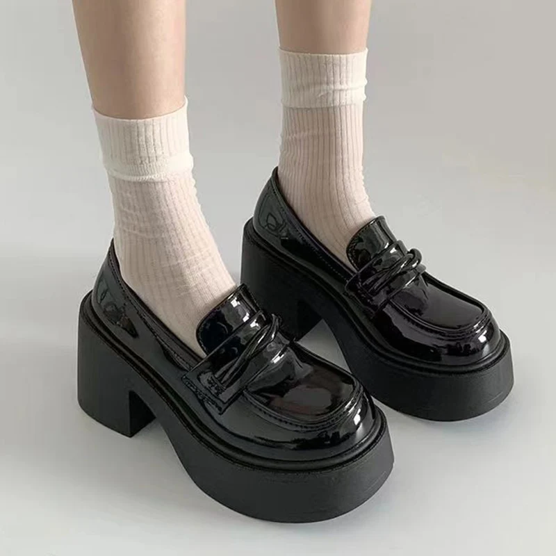 Lucyever Preppy Style Thick Heels Pumps for Women 2024 Patent Leather Chunky Platform Loafers Woman Y2K Slip On Jk Lolita Shoes