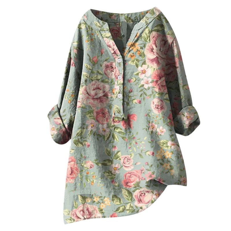 Autumn Women's Long Sleeve Shirts V-neck Printed Chinese Style Bamboo Linen Shirts Fashionable Comfortable and Versatile Shirts