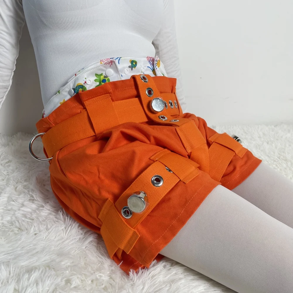

Orange Bondage Pants with Magnetic Lock Adjustable Diaper Cover Fetish Pants ABDL Diaper Anti Removal Adult Fantasy Wear
