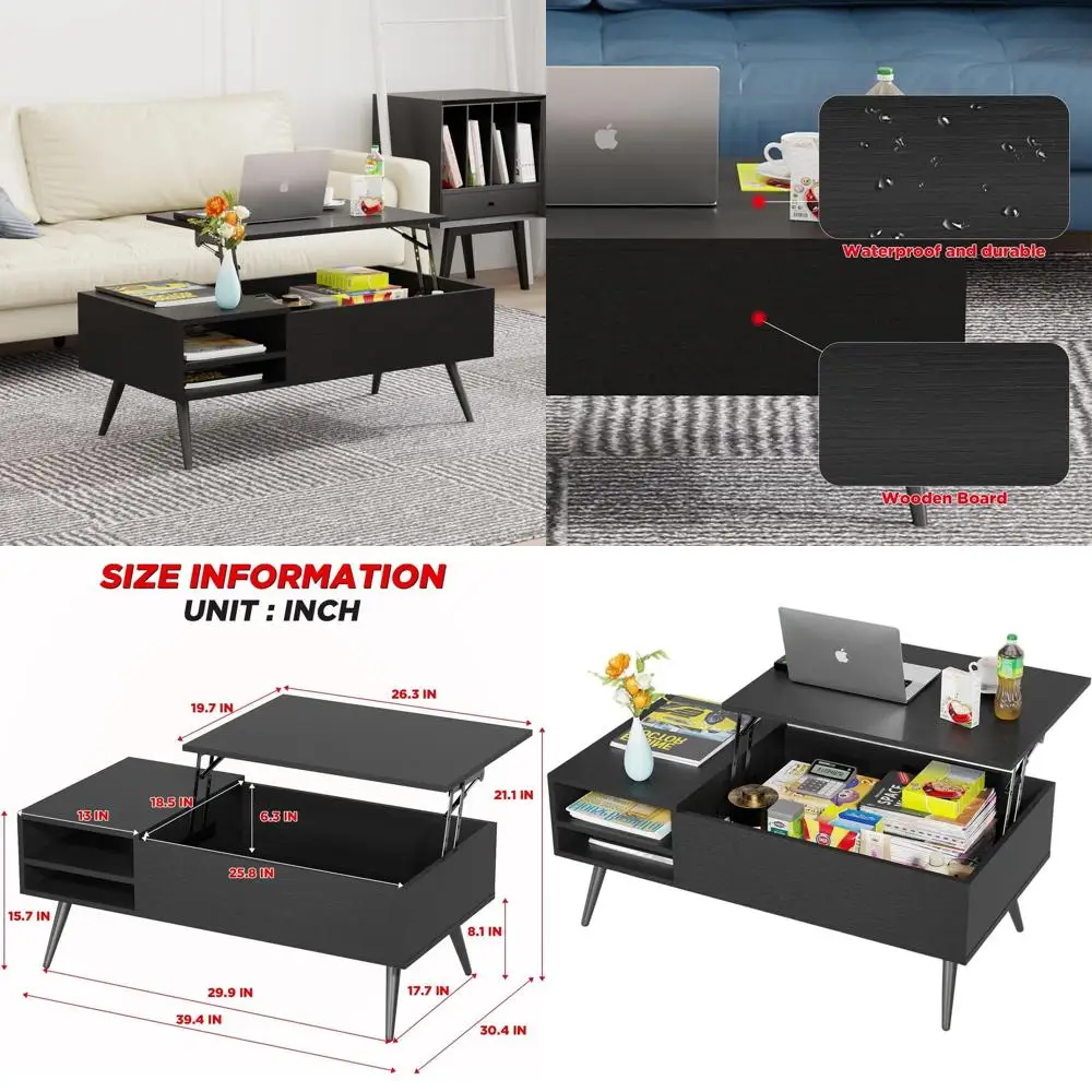 

Компактный деревянный журнальный столик с подъемным верхом и потайным отделением для гостиной или домашнего офиса (черный)