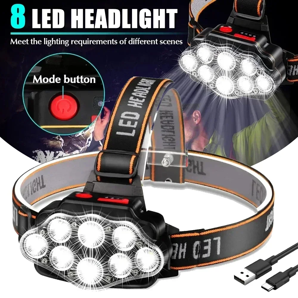 KDULIT 8/11 LED Headlamp Super Bright Head Torch Rechargeable Headlight Built-in 18650 Battery Outdoor Fishing Camping Lantern