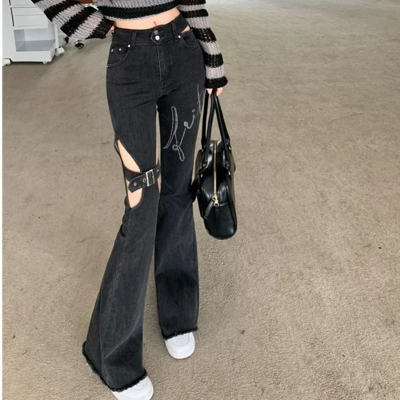 Fashion Hollow High Waist Jeans for Women Spring Summer 2023 Sexy Slim Flare Pants Casual Streetwear Print Black Ripped Jeans