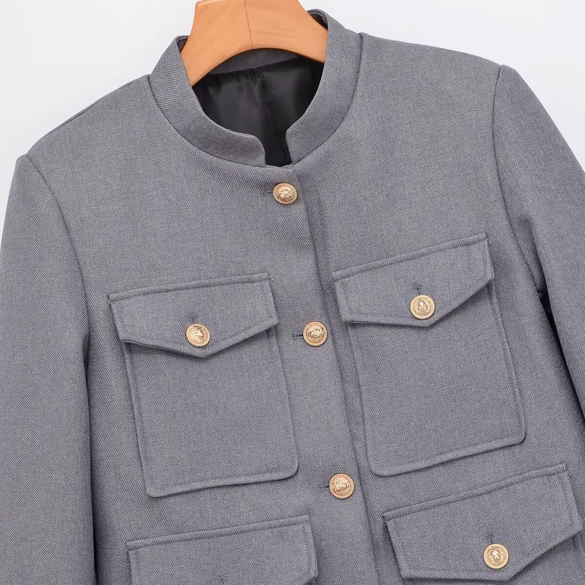 KASLEAD New Women's Fashionable Stand Collar Jacket Multi-Pocket Stylish High-End Feel Short Outerwear Polyester Fiber 100%