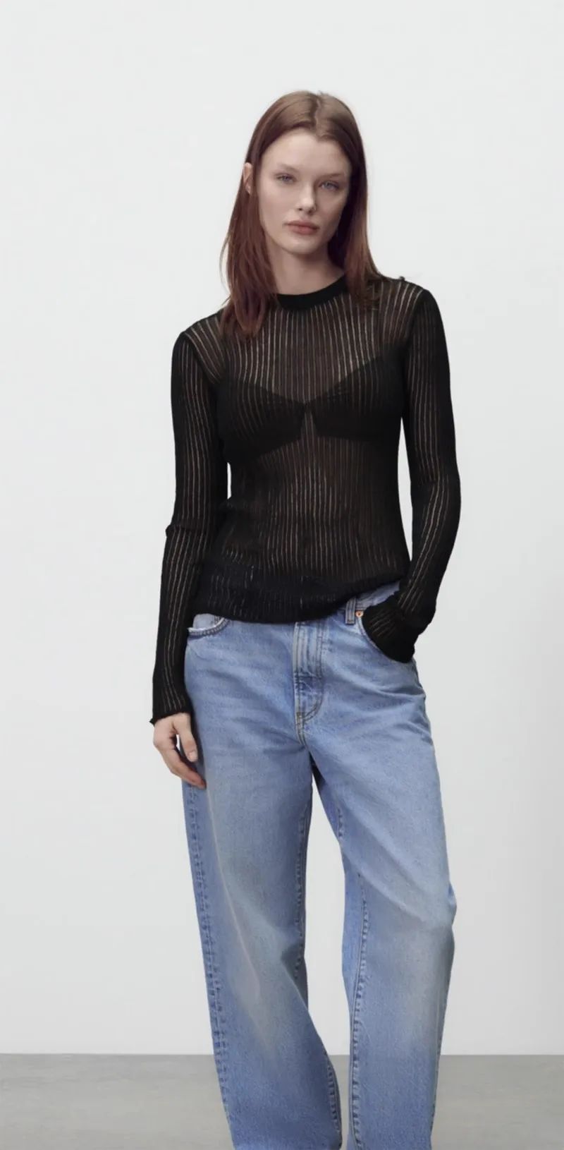 

Spring Summer New Sle Women's Slim Fit Long Sve Knitted T-irt round Ne Straight Tube Top Transparent Design Casual S...