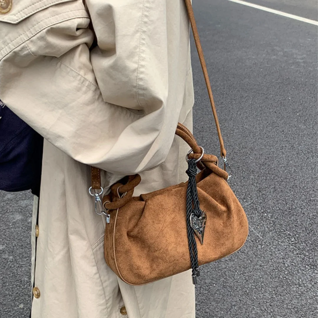 Vintage Suede Dumpling Shoulder Bag with Heart Charm for Women Girls Daily Commute Casual Crossbody Handbag Soft PU