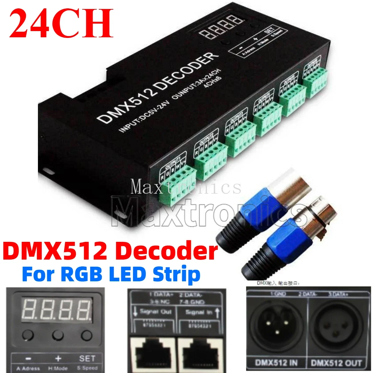 DMX512 Controller 24 Channel DMX Decoder with RJ45 and XLR Plug For Decoder 72A DMX LED Dimmer Driver DC12V-24V RGB Strip Light