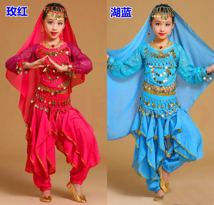 

Костюм для танца живота с длинными рукавами для девочек, детский костюм для индийского танца для девочек, танцевальные костюмы египетского танца для девочек