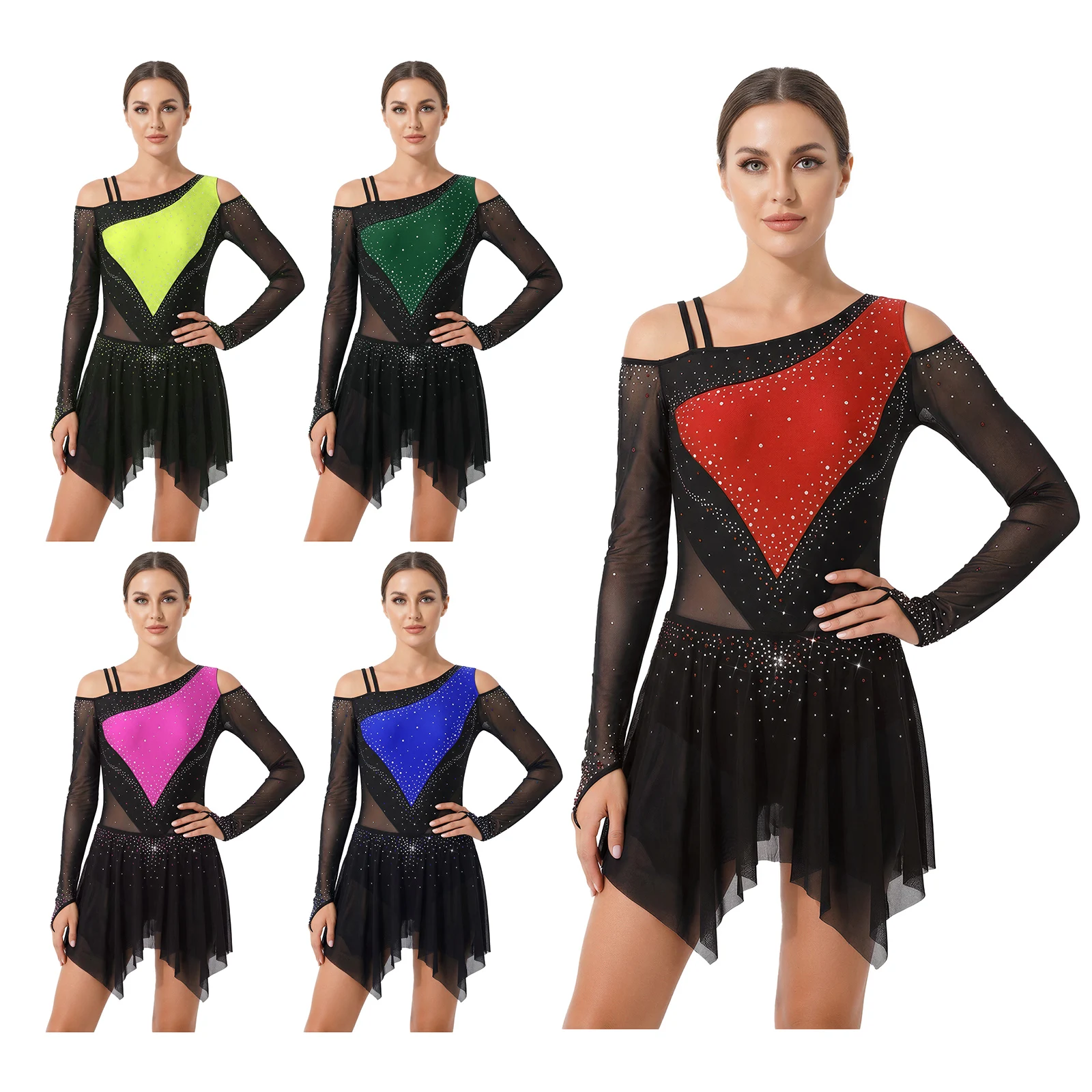 Professionele skatingkleding voor dames met lichaamscontouren, pasvorm en verstelbare functies, complete bodysuit met kleurblokken voor podiumshows