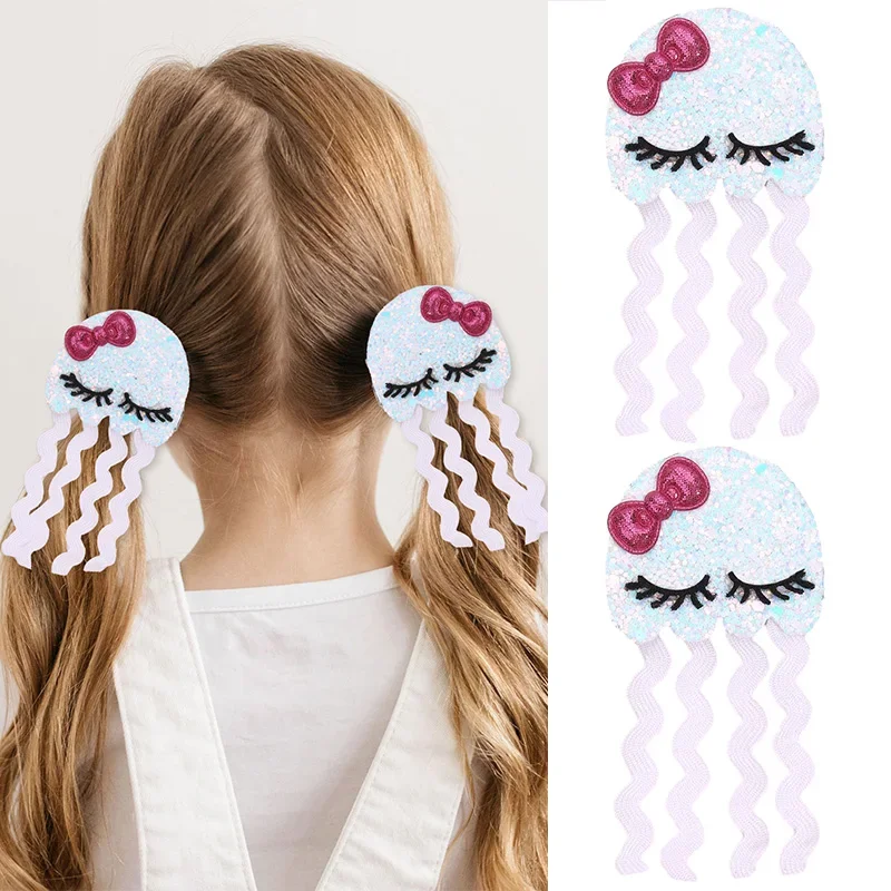 Oaoleer 2Pcs Cartoon Jellyfish Hair Clips Glitter Bow Hairpins Children Headdress Baby Girls Headwear Hair Accessories Ornaments